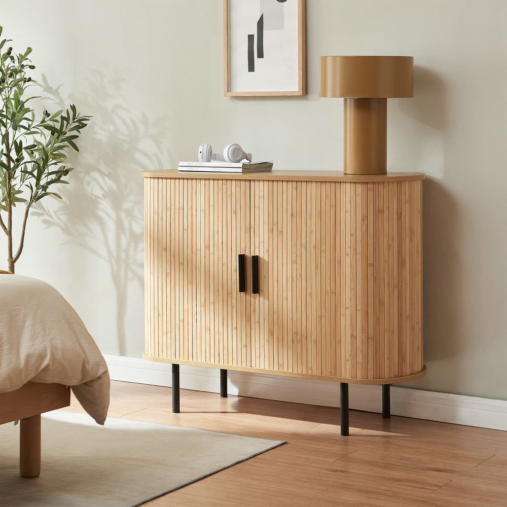 Comò Tvedestrand Portascarpe Mobile Contenitore a 2 Ante Scorrevoli in Bambù 100 x 40 x 80 cm - Naturale/Nero [en.casa]