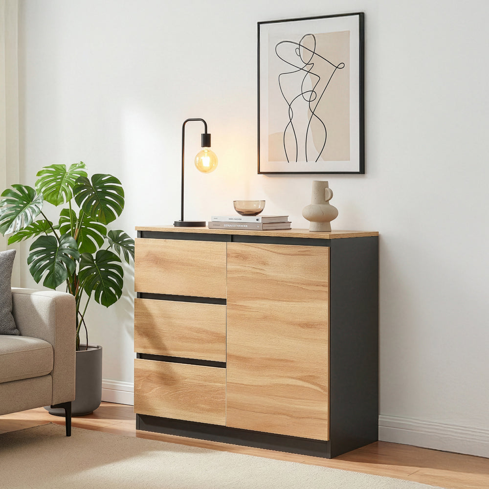 Credenza Mobile Contenitore Kyr Comò con Ante e Cassetti - Nero/Effetto Rovere Rustico [en.casa]