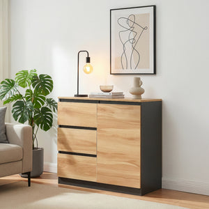 Credenza Mobile Contenitore Kyr Comò con Ante e Cassetti - Nero/Effetto Rovere Rustico [en.casa]