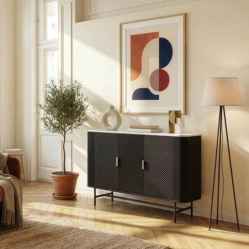 Mobile Contenitore Olvehok a 3 Ante Credenza con 4 Scomparti 110 x 40 x 77 cm - Nero / Effetto Marmo Bianco [en.casa]
