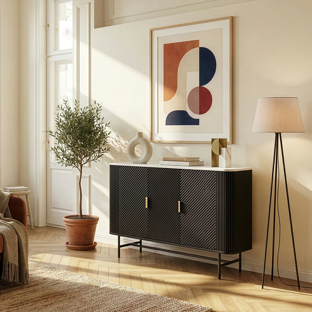 Mobile Contenitore Olvehok a 3 Ante Credenza con 4 Scomparti 110 x 40 x 77 cm - Nero / Effetto Marmo Bianco [en.casa]