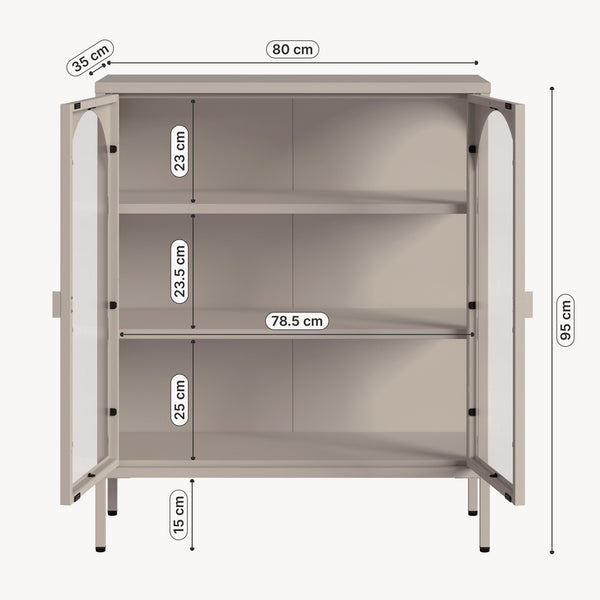 Vetrina Klippestad a 2 Ante in Vetro Credenza con 3 Scomparti 95 x 80 x 35 cm - Grigio Caldo [en.casa]