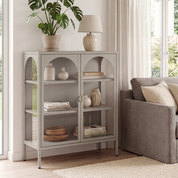 Vetrina Klippestad a 2 Ante in Vetro Credenza con 3 Scomparti 95 x 80 x 35 cm - Grigio Caldo [en.casa]