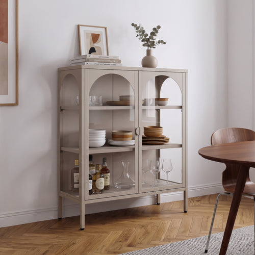 Vetrina Klippestad a 2 Ante in Vetro Credenza con 3 Scomparti 95 x 80 x 35 cm - Grigio Caldo [en.casa]