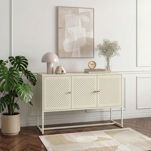 Credenza Viitasaari Mobile Contenitore Stretto a 3 Ante con Ripiani 120 x 40 x 80 cm - Bianco Crema [en.casa]