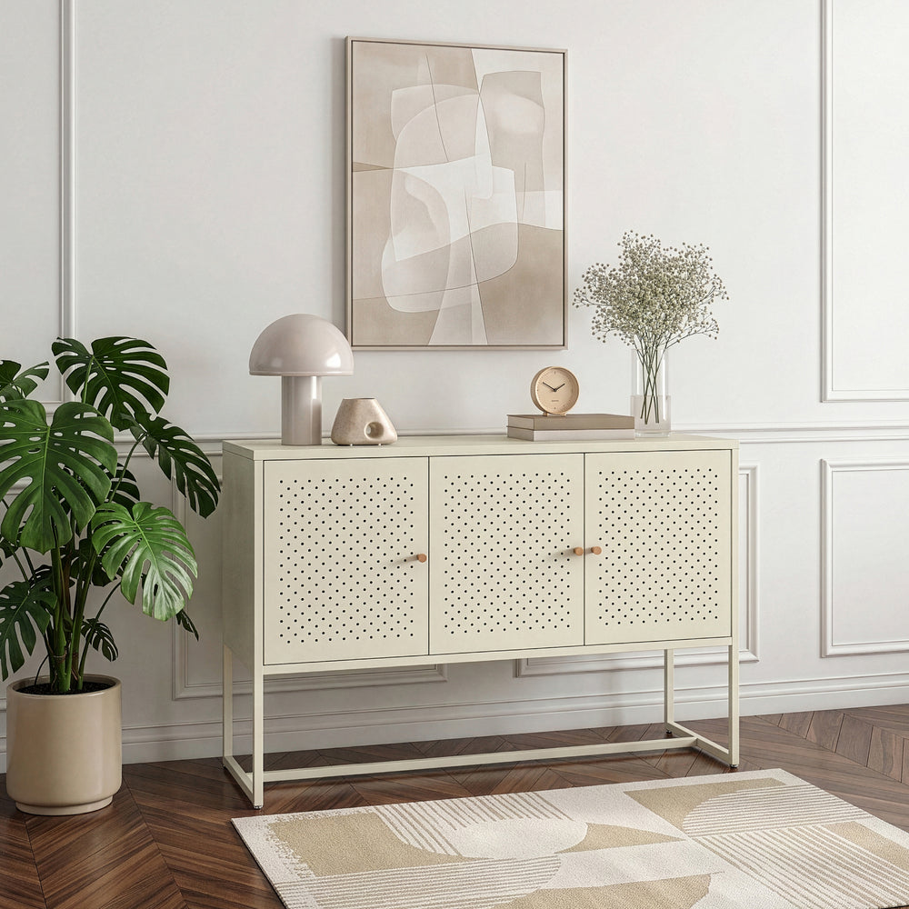 Credenza Viitasaari Mobile Contenitore Stretto a 3 Ante con Ripiani 120 x 40 x 80 cm - Bianco Crema [en.casa]