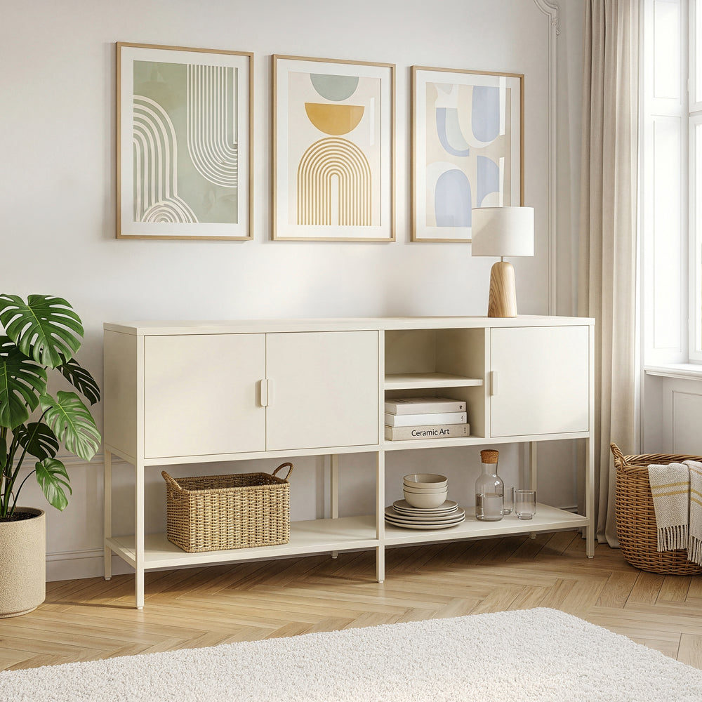 Credenza Bassa Kliri Madia con Ripiano e 6 Scomparti 160 x 40 x 80 cm - Bianco Crema [en.casa]