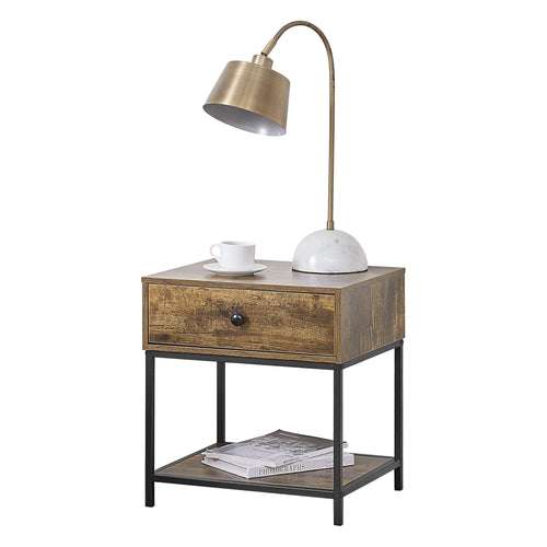 Comodino con Cassetto e Ripiano Portaoggetti (AxLaxP): 49 x 45 x 39 cm Tavolino da Divano su Telaio in Metallo Tavolo Basso da Salotto/Soggiorno/Camera da Letto - Effetto Legno Scuro