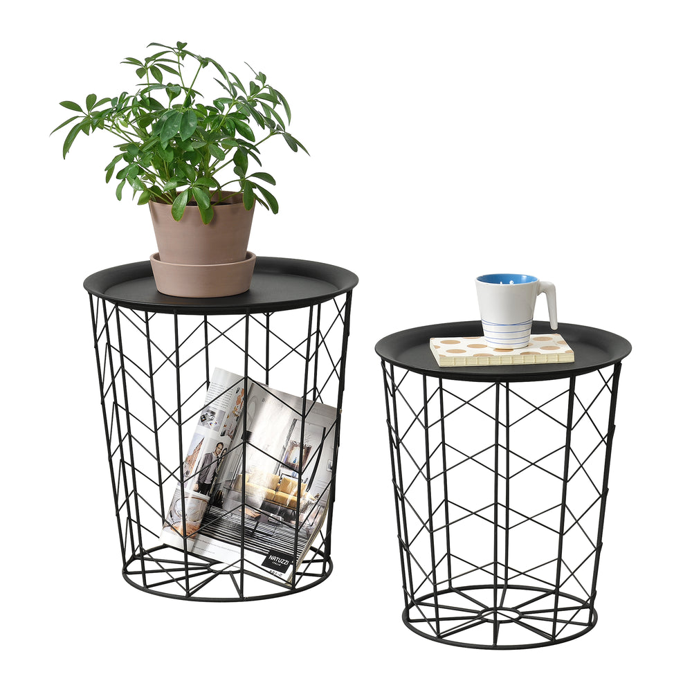 Set da 2 Tavolini a Forma di Cestello in 2 Misure Diverse con Piano Tondo Rimovibile 2 Tavolini da Salotto / Soggiorno Portaoggetti Contenitore in Metallo - Nero