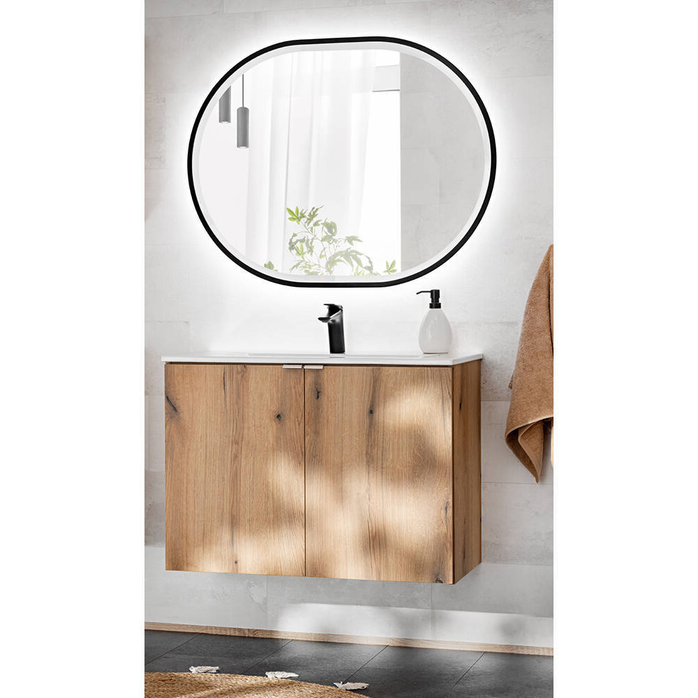Set da Bagno NEWPORT Mobile Pensile a 2 Ante con Lavabo e Specchio LED - Effetto Rovere [en.casa]