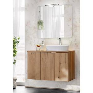 Set Newport Mobile Pensile Sottolavabo a 3 Ante con Specchio LED e Lavabo Ovale - Effetto Rovere [en.casa]