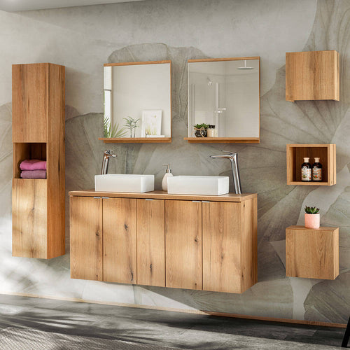 Set Pensile da Bagno NEWPORT Mobile Colonna Mobile Sottolavabo Doppio 2 Specchi 2 Lavabi 2 Mobiletti e Mensola - Effetto Rovere [en.casa]