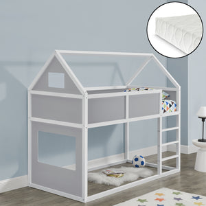 Letto a Castello con Scaletta per Bambini 90 x 200 cm Struttura Letto in Legno a Forma di Casetta con Materasso a Schiuma Fredda
