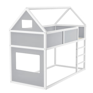 Letto a Castello con Scaletta per Bambini 90 x 200 cm Struttura Letto in Legno a Forma di Casetta con Materasso a Schiuma Fredda