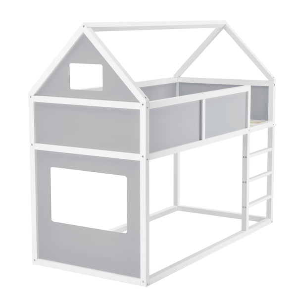 Letto a Castello con Scaletta per Bambini 90 x 200 cm Struttura Letto in Legno a Forma di Casetta con Materasso a Schiuma Fredda